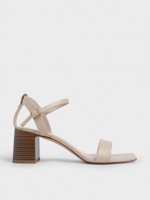 Sandale cu Toc Charles & Keith Ankle Curea Stacked Bej | 329SRGKEU