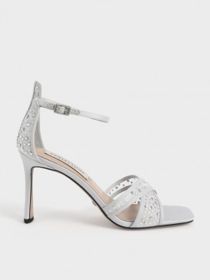 Sandale cu Toc Charles & Keith Blythe Mesh & Satin Embellished Argintii | 359MFZPTV