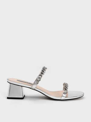 Sandale cu Toc Charles & Keith Chain-Link Block Argintii | 374FYPVJU