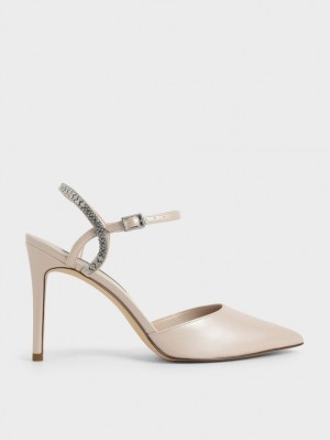 Sandale cu Toc Charles & Keith Embellished Back Curea Bej | 392XUTPBZ