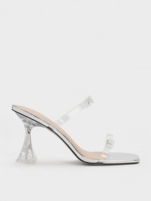 Sandale cu Toc Charles & Keith Embellished Bow See-Through Argintii | 175FUBAGW
