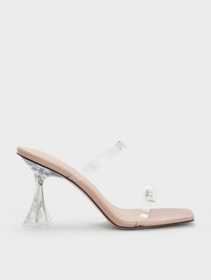 Sandale cu Toc Charles & Keith Embellished Bow See-Through Bej | 760PNFCXH