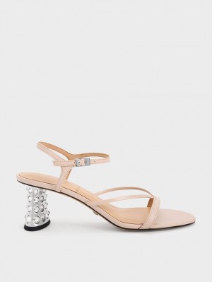 Sandale cu Toc Charles & Keith Embellished Heel Piele Bej | 540QFHVGT