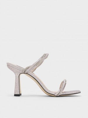 Sandale cu Toc Charles & Keith Embellished Twisted Curea Glittered Argintii | 684ISKCVN