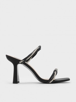 Sandale cu Toc Charles & Keith Embellished Twisted Curea Satin Negrii | 476LINTHD