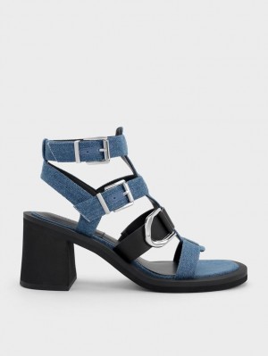 Sandale cu Toc Charles & Keith Gabine Denim Gladiator Albastri | 861RGPYAZ