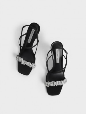 Sandale cu Toc Charles & Keith Gem-Embellished Satin Stiletto Negrii | 561AVZRLX