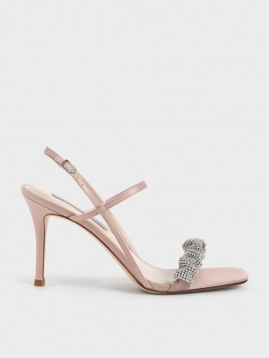 Sandale cu Toc Charles & Keith Gem-Embellished Satin Stiletto Roz | 438KQMPTD