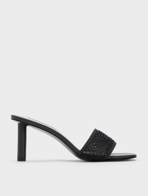 Sandale cu Toc Charles & Keith Gem-Encrusted Cylindrical Heel Mesh Negrii | 093BPGCVN
