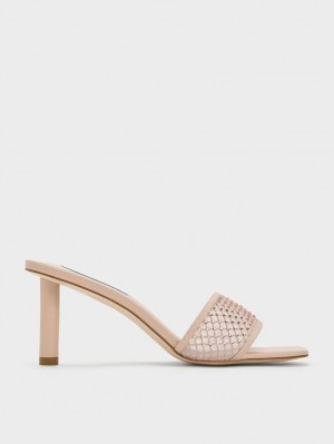 Sandale cu Toc Charles & Keith Gem-Encrusted Cylindrical Heel Mesh Bej | 461BWMHPN
