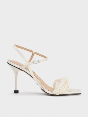 Sandale cu Toc Charles & Keith Leda Beaded Asymmetric Satin Albi | 380HPIJBG