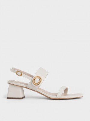 Sandale cu Toc Charles & Keith Metallic Accent Trapeze Albi | 497QSLKXB