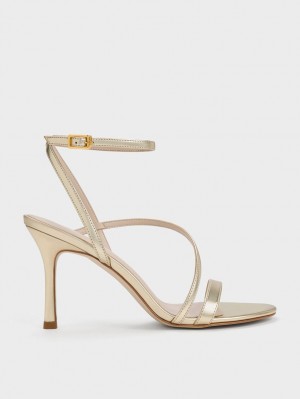 Sandale cu Toc Charles & Keith Metallic Asymmetric Cu Bretele Aurii | 867CMNTGS