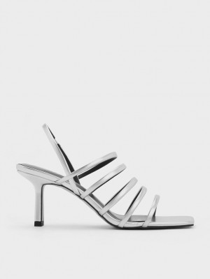 Sandale cu Toc Charles & Keith Metallic Cu Bretele Blade Argintii | 328CGRQOT
