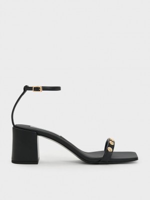 Sandale cu Toc Charles & Keith Studded Ankle-Curea Negrii | 312IDBALC
