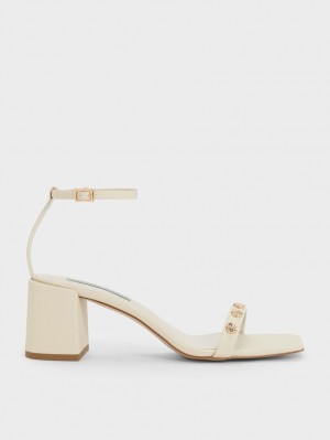 Sandale cu Toc Charles & Keith Studded Ankle-Curea Albi | 846PBEHMZ