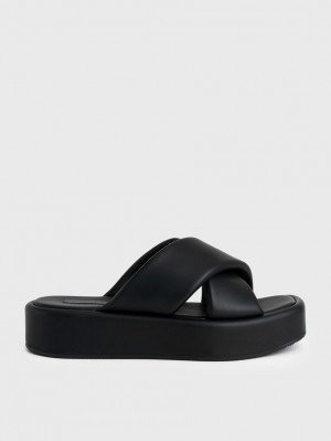 Slapi Charles & Keith Căptușită Crossover Flatforms Negrii | 086XCVESG