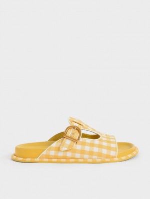 Slapi Charles & Keith Cut-Out Linen Gingham-Print Buckled Galbeni | 708CMWVLS