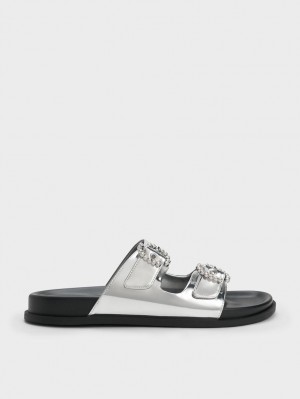 Slapi Charles & Keith Embellished Cu Catarama Metallic Argintii | 083ONTMDG