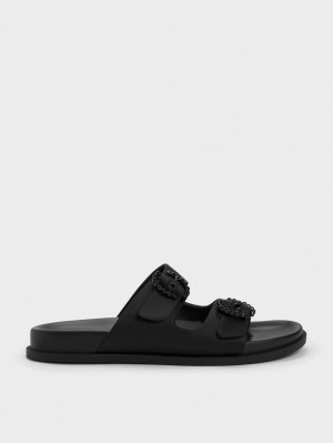 Slapi Charles & Keith Embellished Cu Catarama Recycled Polyester Negrii | 581KWUDLJ