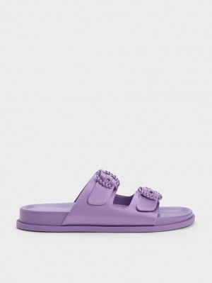 Slapi Charles & Keith Embellished Cu Catarama Recycled Polyester Violet | 457ENAKLM