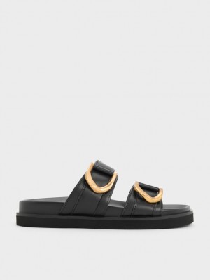 Slapi Charles & Keith Gabine Buckled Piele Negrii | 205PVJUWY