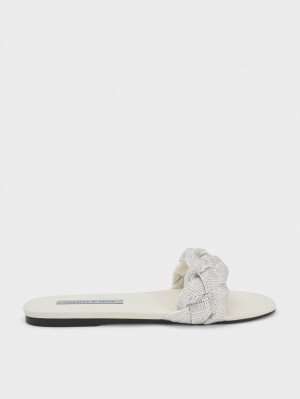 Slapi Charles & Keith Gem-Embellished Braided Curea Albi | 564XJRSND