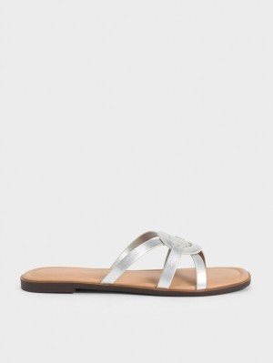 Slapi Charles & Keith Ring Detail Cu Bretele Flats Argintii | 902FRCYBS