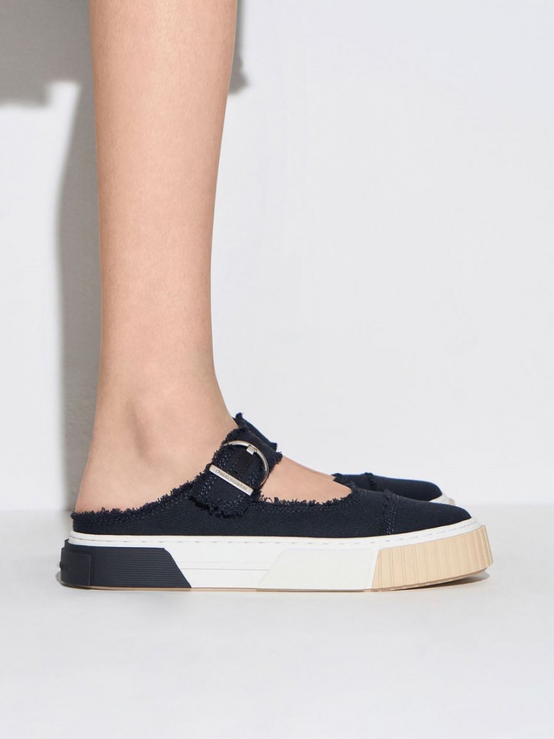 Adidasi Slip On Charles & Keith Denim Buckled Albastri Inchis | 069EOYJFP