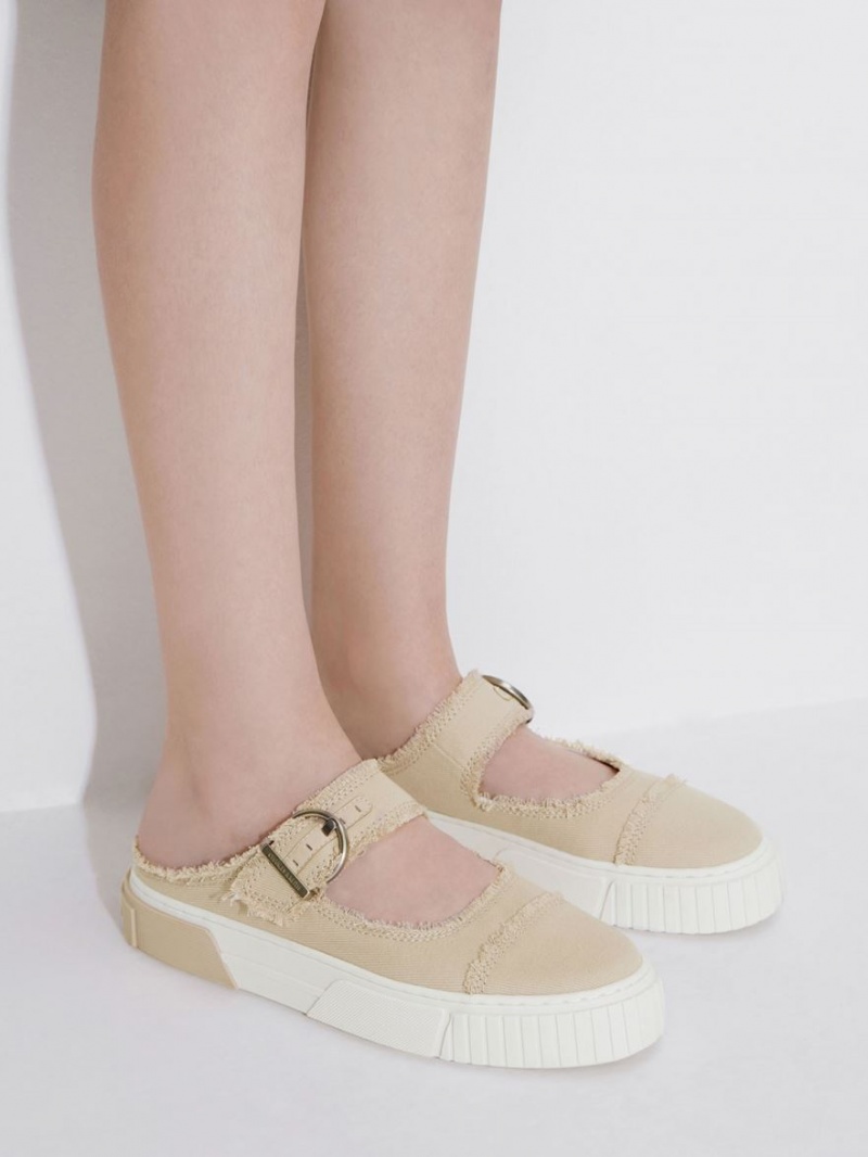 Adidasi Slip On Charles & Keith Denim Buckled Bej | 472QDBEOS