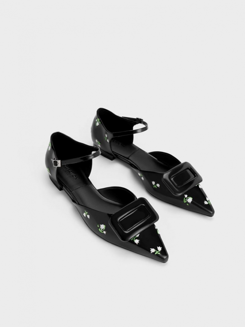 Balerini Charles & Keith Rosalie Piele Floral D'Orsay Negrii | 083ERFSDN