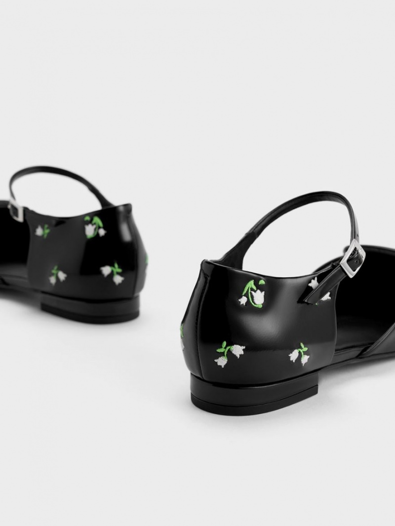 Balerini Charles & Keith Rosalie Piele Floral D'Orsay Negrii | 083ERFSDN