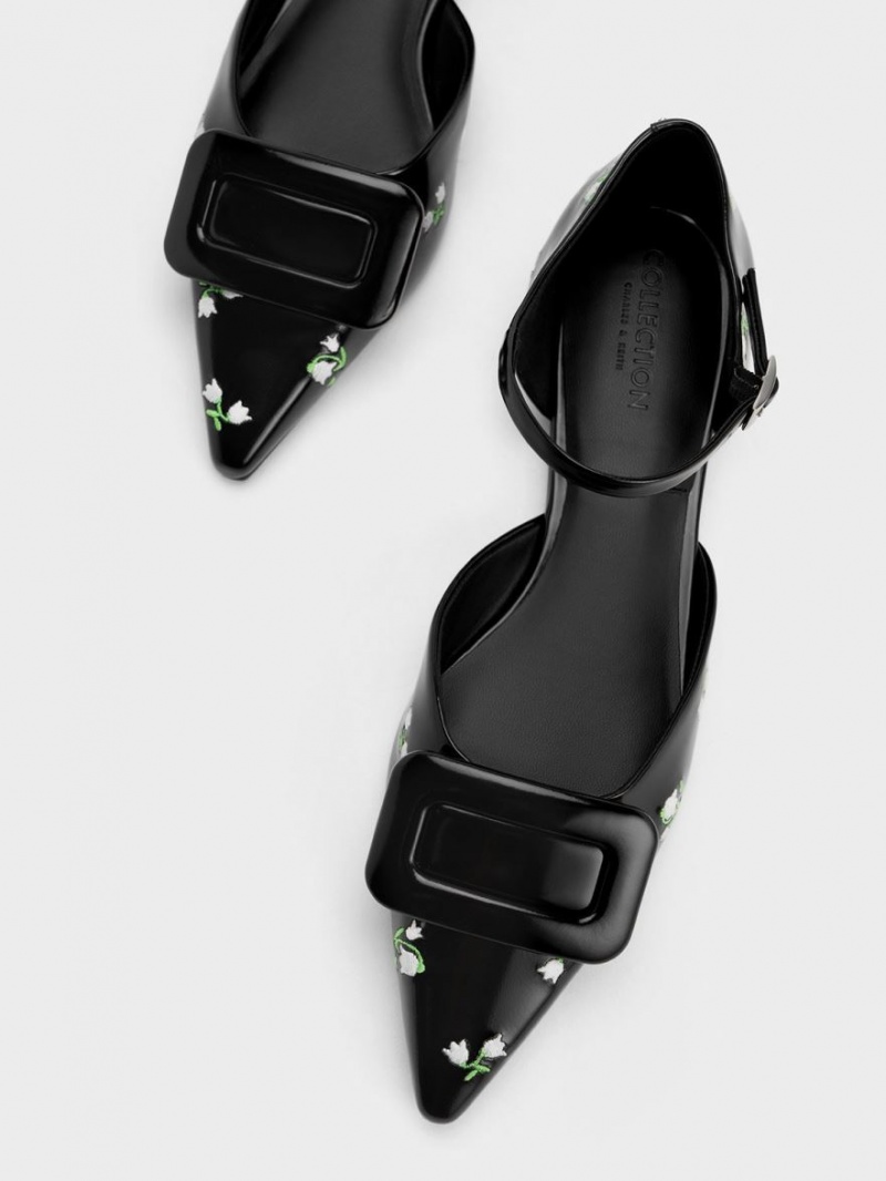 Balerini Charles & Keith Rosalie Piele Floral D'Orsay Negrii | 083ERFSDN