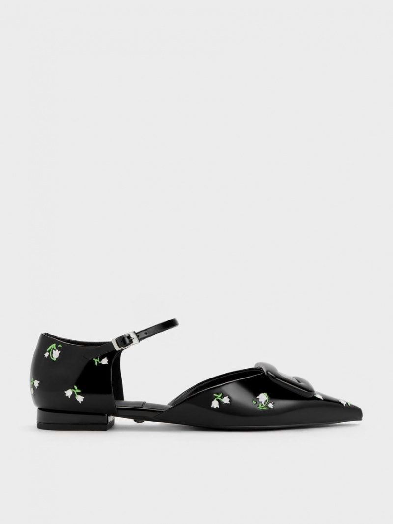 Balerini Charles & Keith Rosalie Piele Floral D\'Orsay Negrii | 083ERFSDN