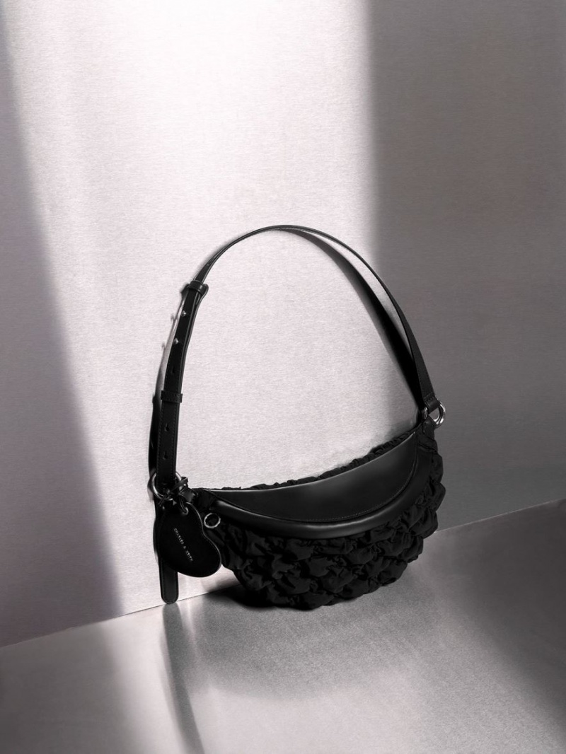 Borseta Charles & Keith Ruched Nailon Bum Negrii | 746QGBAPD