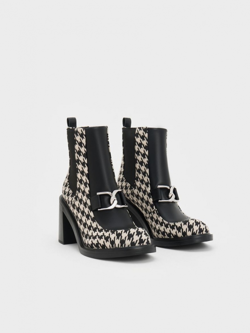 Botine Charles & Keith Gabine Houndstooth Block Heel Negrii Albi | 614IDENZT