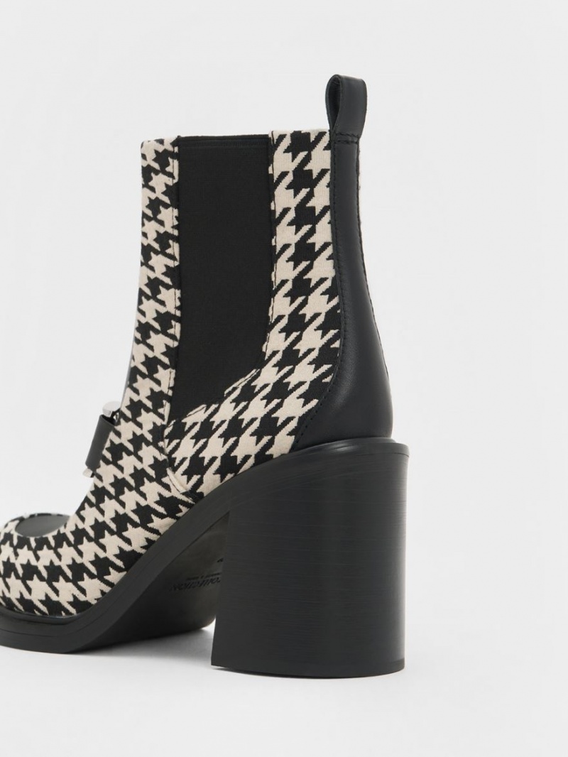 Botine Charles & Keith Gabine Houndstooth Block Heel Negrii Albi | 614IDENZT