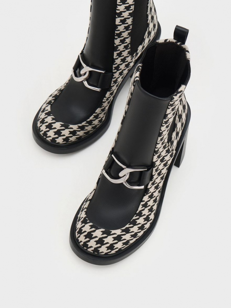 Botine Charles & Keith Gabine Houndstooth Block Heel Negrii Albi | 614IDENZT