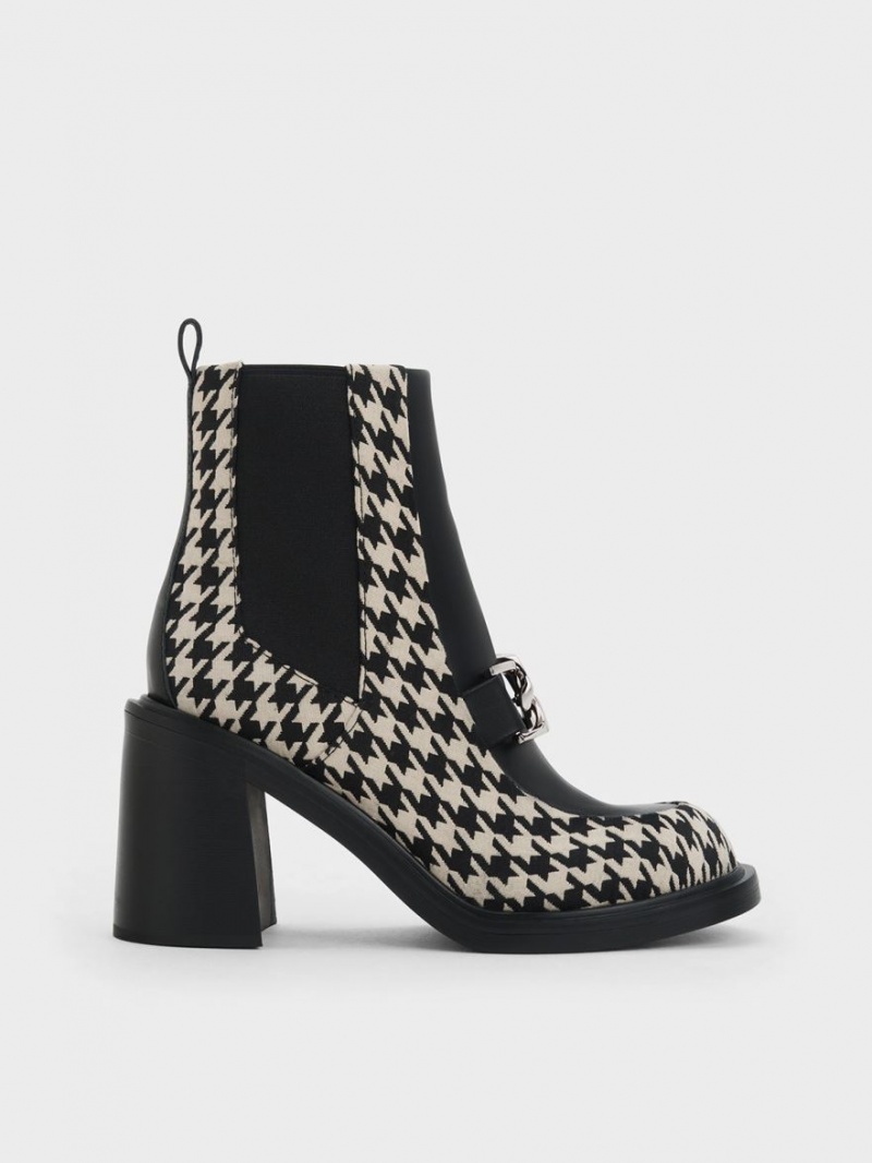 Botine Charles & Keith Gabine Houndstooth Block Heel Negrii Albi | 614IDENZT