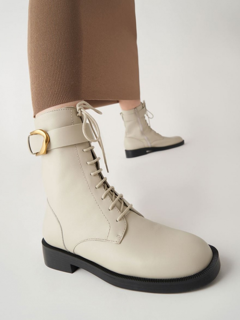 Botine Charles & Keith Gabine Piele Dantela-Up Albi | 302HGQFBR