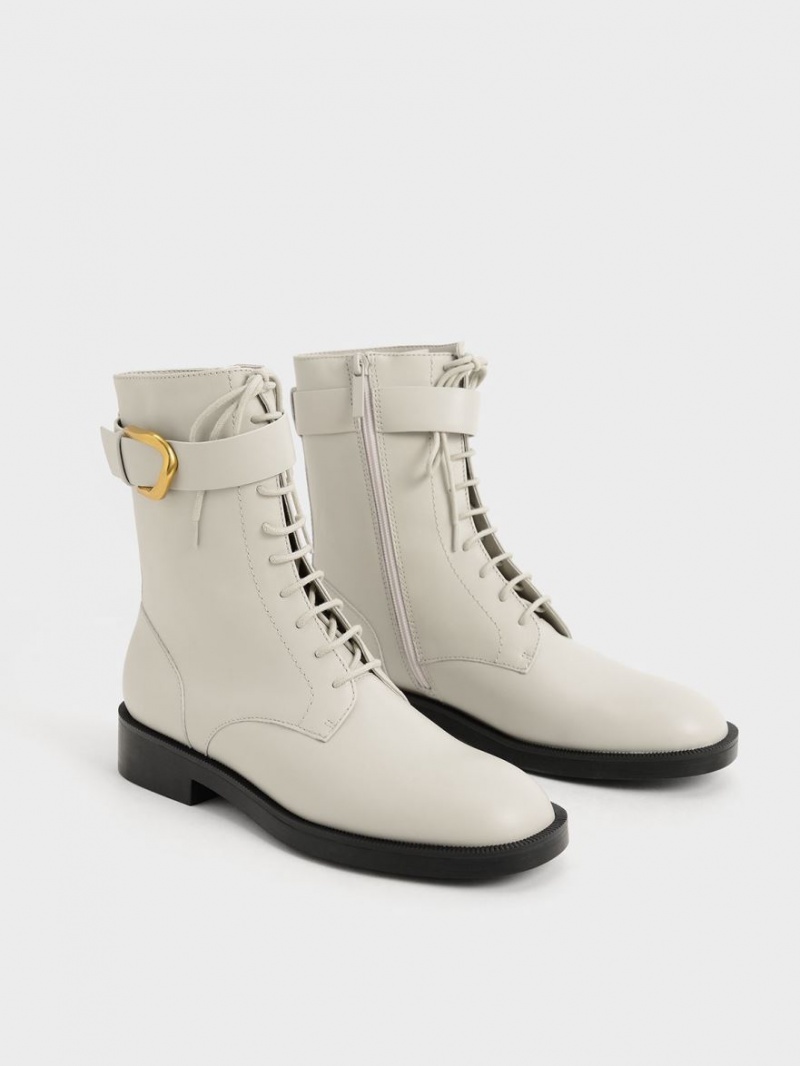 Botine Charles & Keith Gabine Piele Dantela-Up Albi | 302HGQFBR