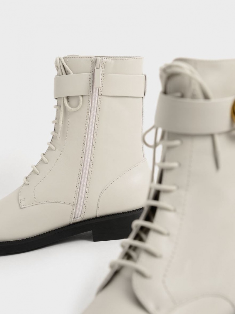 Botine Charles & Keith Gabine Piele Dantela-Up Albi | 302HGQFBR