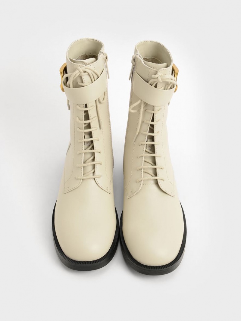 Botine Charles & Keith Gabine Piele Dantela-Up Albi | 302HGQFBR