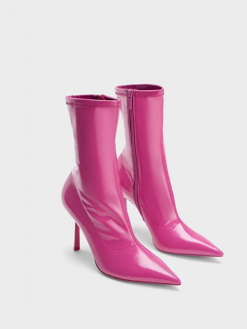 Botine Charles & Keith Lacuita Crinkle-Effect Pointed-Bombeu Stiletto Heel Fucsie | 649OQKUPS