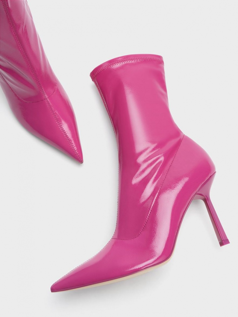 Botine Charles & Keith Lacuita Crinkle-Effect Pointed-Bombeu Stiletto Heel Fucsie | 649OQKUPS
