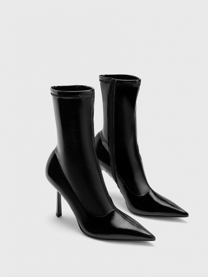 Botine Charles & Keith Lacuita Crinkle-Effect Pointed-Bombeu Stiletto Heel Negrii | 795FDYXSM