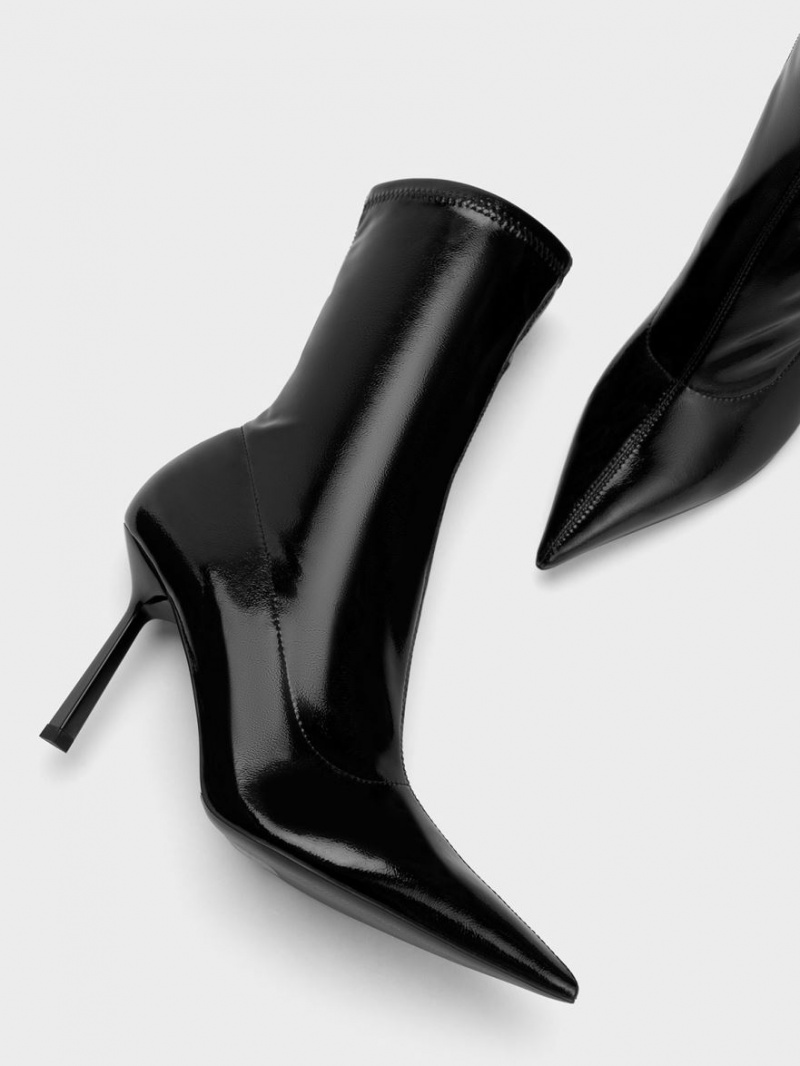Botine Charles & Keith Lacuita Crinkle-Effect Pointed-Bombeu Stiletto Heel Negrii | 795FDYXSM