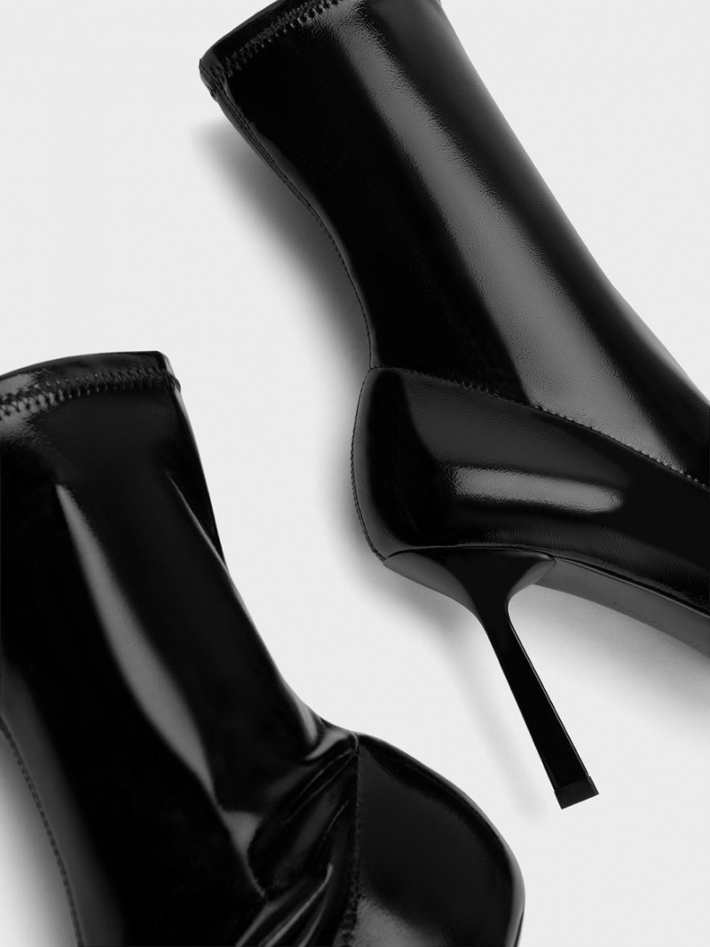 Botine Charles & Keith Lacuita Crinkle-Effect Pointed-Bombeu Stiletto Heel Negrii | 795FDYXSM