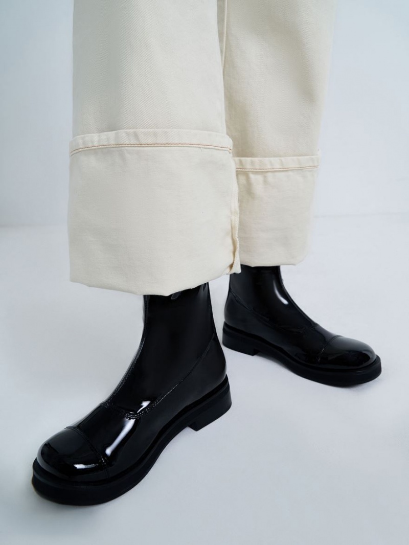 Botine Charles & Keith Lacuita Round Bombeu Zip-Up Negrii | 485KPERFG