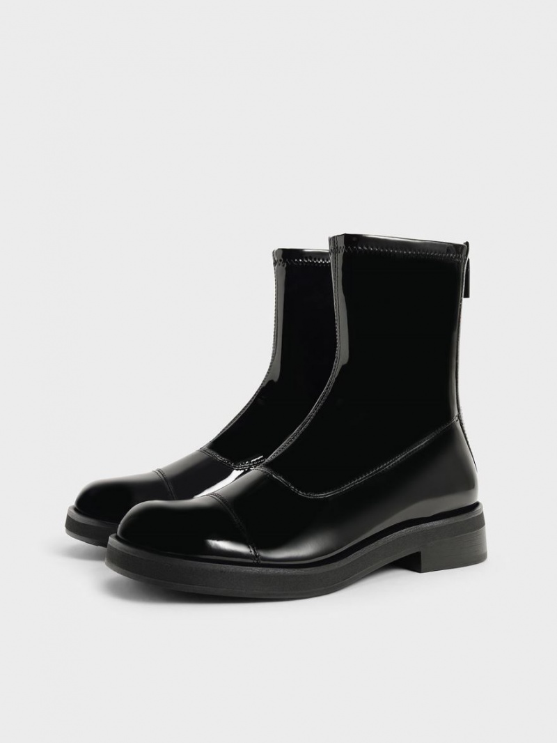 Botine Charles & Keith Lacuita Round Bombeu Zip-Up Negrii | 485KPERFG